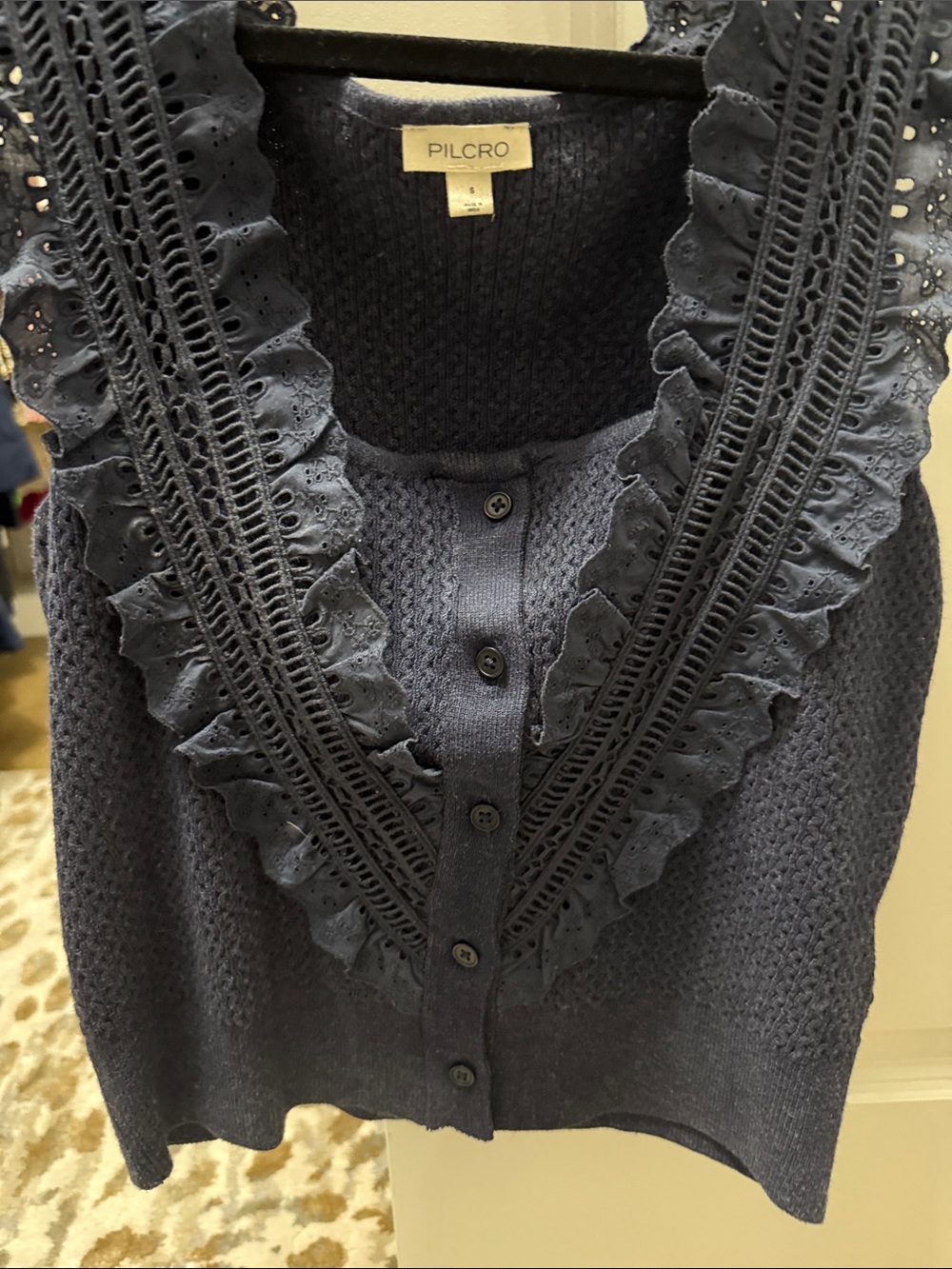 Anthropologie | Pilcro Navy Ruffled Knit Button top - Picture 6 of 6